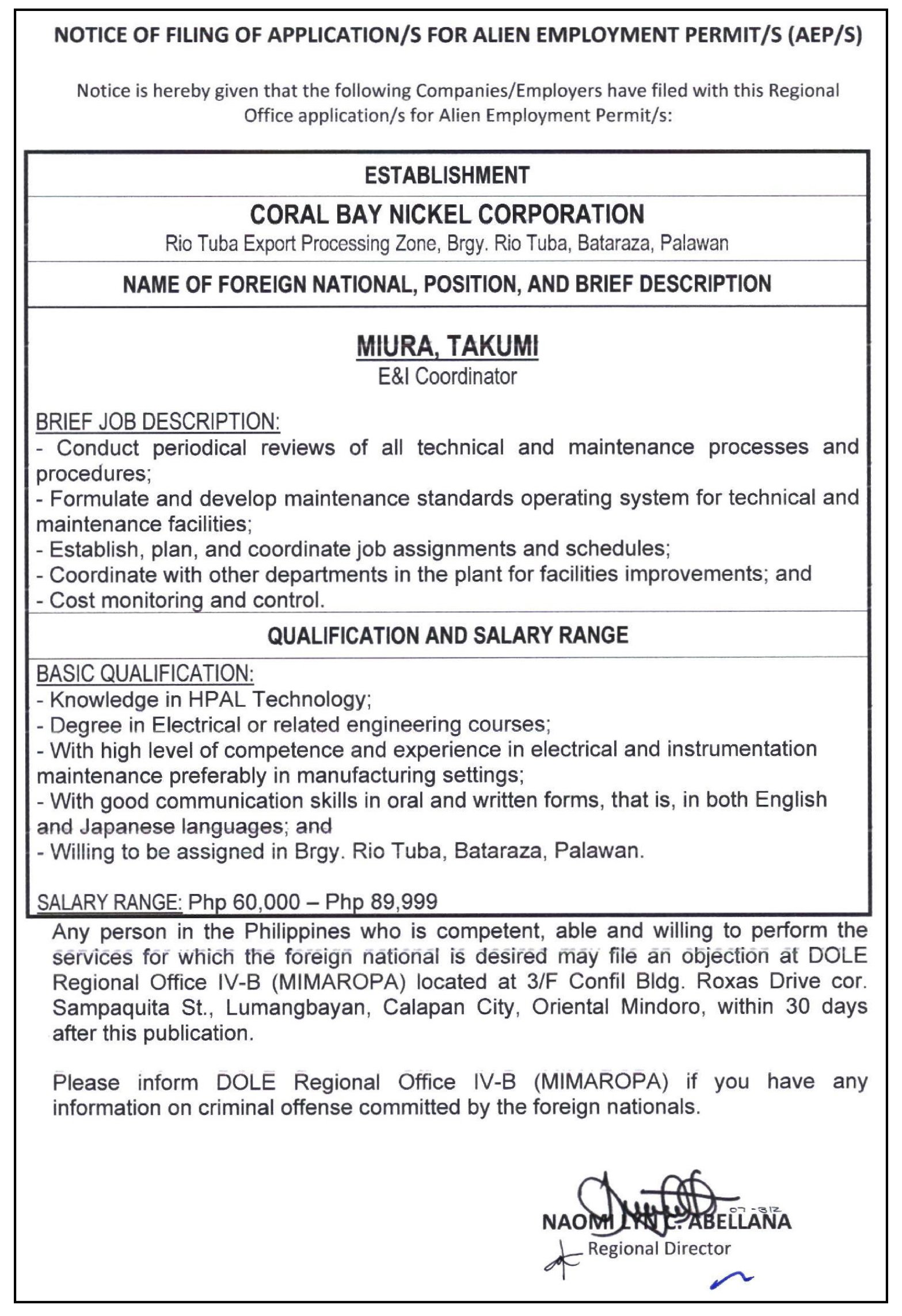 Notice of Filing of Application/s for Alien Employment Permit/s - Miura, Takumi